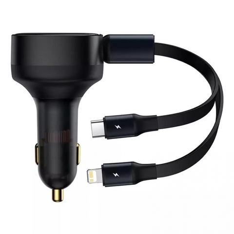 Tẩu Sạc Nhanh Kèm Cáp Dây Rút 2 Đầu Type C + L.i.g.h.t.n.i.n.g Baseus Enjoyment Retractable 2 in 1 Car Charger 30W