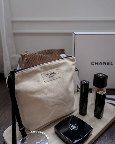 Túi CHANEL Beauty Linen Beige - Đựng mỹ phẩm Kèm Gương Tròn (21x15x7.5cm)