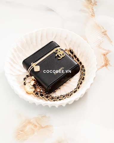 Túi Gift CHANEL Móc Khoá CC - Đen Kèm Dây Đeo Dài Mẫu đựng 4 son (10x10x4cm)