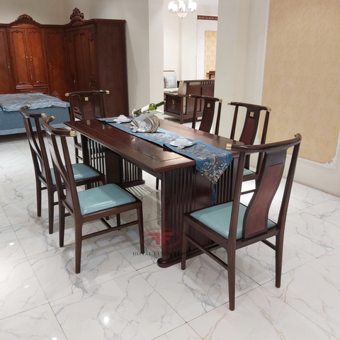 BỘ BÀN ĂN INDOCHINE 1M8 KẾT HỢP 6 GHẾ BỌC DA XANH NGỌC BÍCH A01