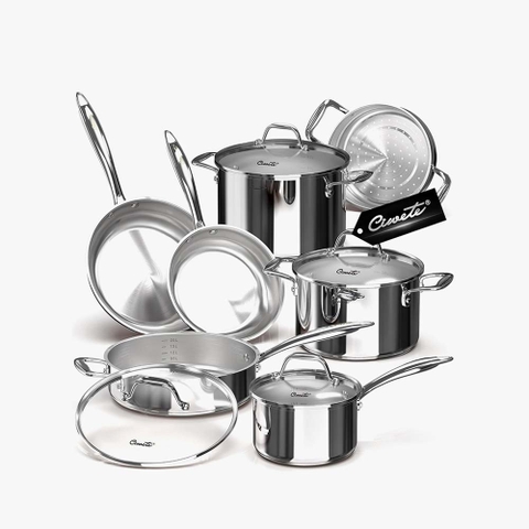 Bộ nồi inox Ciwete set 7 món ( 2 chảo inox, 1 quánh, 1 nồi chảo, 2 nồi, 1 xửng hấp)