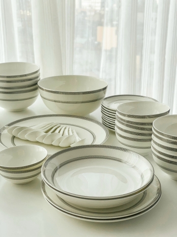 Bộ đồ ăn sứ xương bạch kim anh 50 sản phẩm