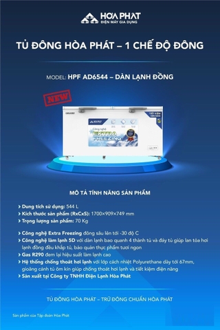 Tủ đông dung tích lớn Hòa Phát 1 ngăn ĐÔNG  2 cánh HPF AD6544 800 lít DÀI 1,7 MÉT