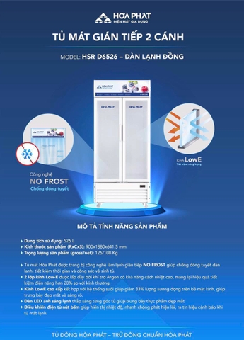 Tủ mát trưng bày Hòa Phát 1 ngăn 2 cánh HSR D6526 800L (long sử dụng trong 526L).