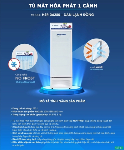 Tủ mát Hòa Phát 1 cánh HSR D6280 700l (long sử dụng 280L) DÀN ĐỒNG -Chống đống tuyết, đọng sương.