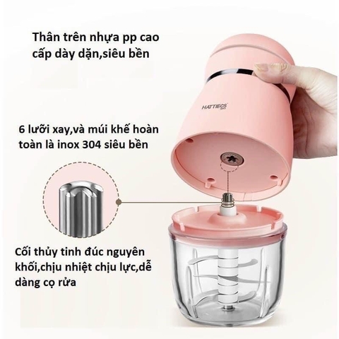 Máy xay cầm tay đa năng Hattiecs cao cấp 6 lưỡi dao 300ml