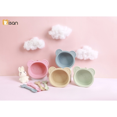 Bát siicone hình gấu Misan có đế hít kèm thìa