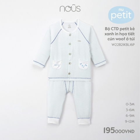 Bộ cài thẳng dài Nous petit kẻ xanh in họa tiết cún woof ở túi