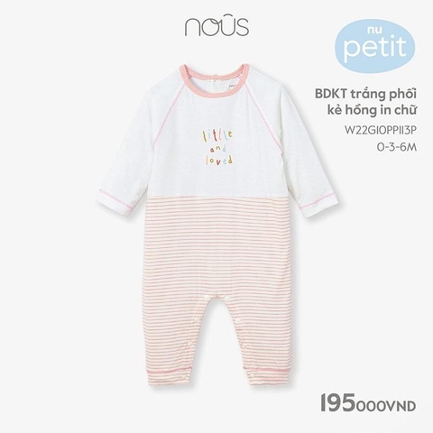 Bodysuit không tất Nous trắng phối kẻ hồng in chữ