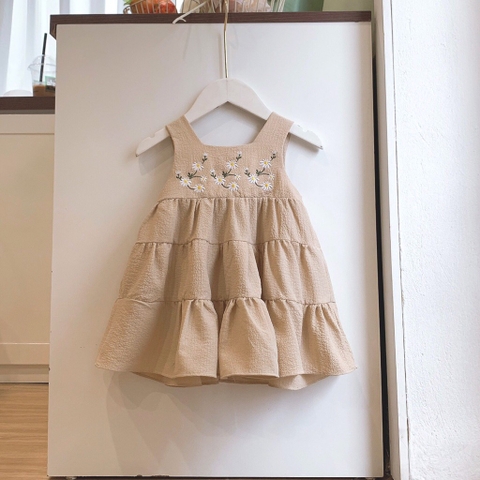 Đầm 2 dây be thêu hoa cúc Op Kids