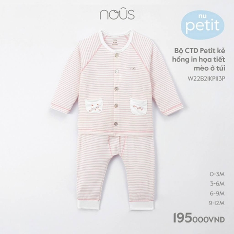 Bộ cài thẳng dài Nous petit kẻ hồng in họa tiết mèo ở túi