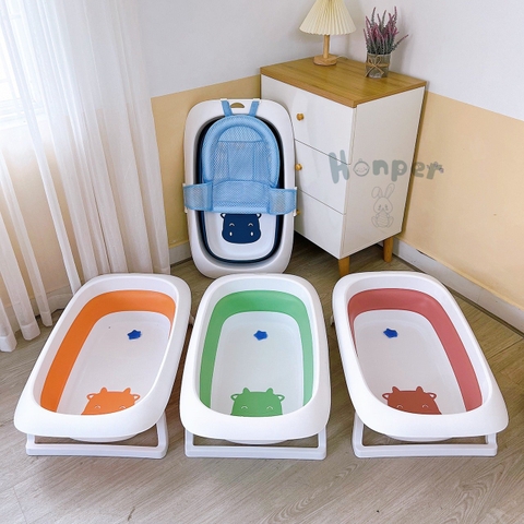 Chậu tắm cao cấp Honper hình bò thành silicone gấp gọn kèm lưới tắm bé (50x10.5x80.5cm)