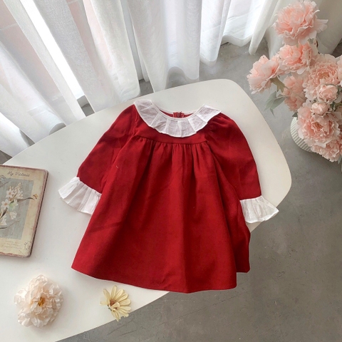 Đầm tay dài đỏ viền trắng OP Kids