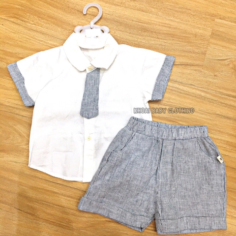 Set bộ áo sơ mi Beemo trắng kèm caravat, quần sort xám cho bé trai