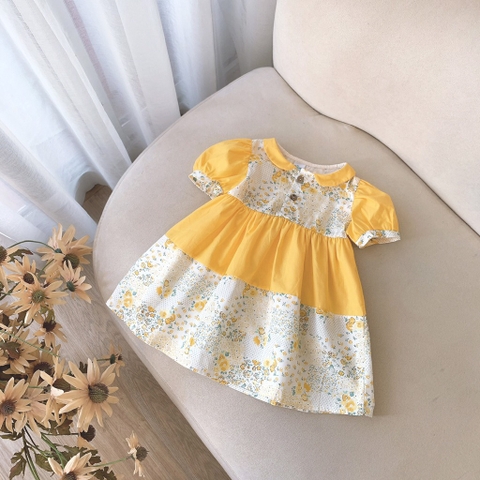 Đầm cổ sen phối trắng vàng Op Kids