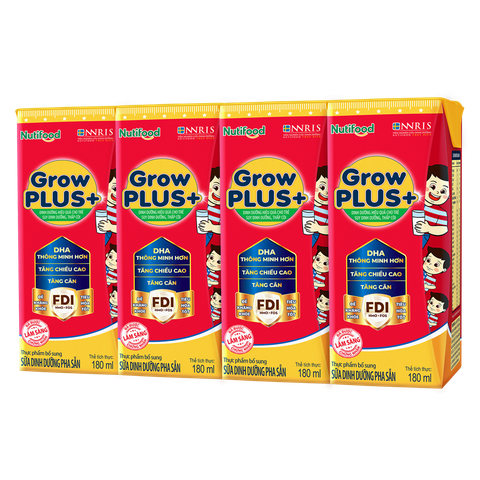 Lốc 4 hộp sữa pha sẵn Nutifood GrowPLUS+ đỏ cho trẻ suy dinh dưỡng, thấp còi (từ 1 tuổi)