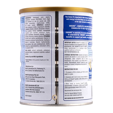 Sữa Ensure Úc Vanilla 850g (Dành cho người cao tuổi, người suy nhược cơ thể)