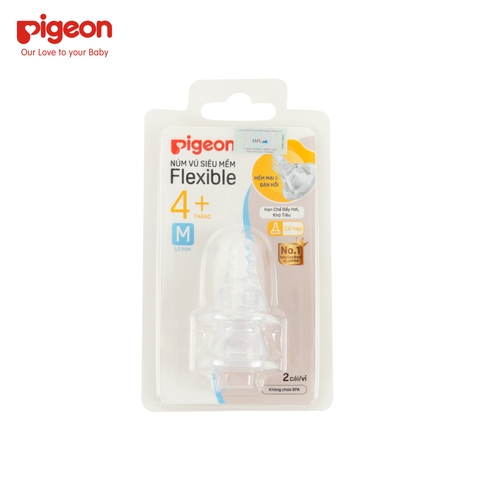 Vỉ 2 núm ty thay bình sữa Pigeon cổ hẹp siêu mềm 4M+ size M, lỗ tròn