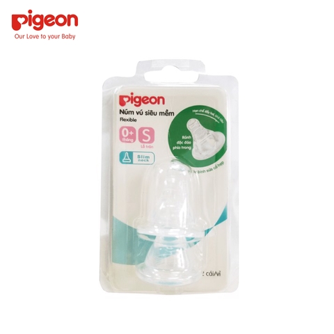 Vỉ 2 núm ty thay bình sữa Pigeon cổ hẹp siêu mềm 0M+ size S, lỗ tròn