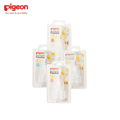Vỉ 2 núm ty thay bình sữa Pigeon cổ hẹp siêu mềm 4M+ size M, lỗ tròn