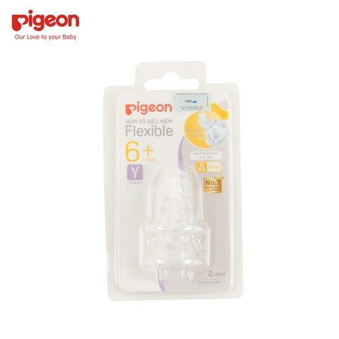 Vỉ 2 núm ty thay bình sữa Pigeon cổ hẹp siêu mềm 6M+, lỗ chữ Y