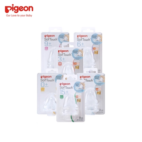 Vỉ 2 núm ty thay bình sữa Pigeon SofTouch cổ rộng siêu mềm size L 6M+, lỗ chữ Y