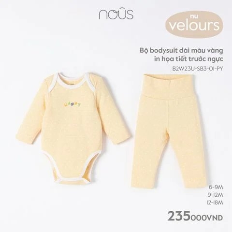 Bộ bodysuit dài màu vàng in họa tiết trước ngực 9M - KM