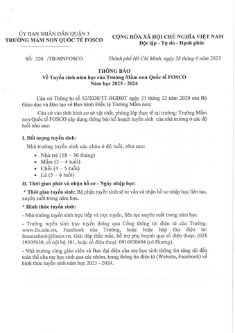 Thông báo về tuyển sinh năm học của Trường Mầm non Quốc tế FOSCO Năm học 2023 - 2024