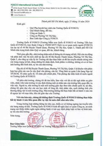 Phản hồi của Trường Quốc tế FOSCO về vụ việc liên quan đến mèo trong khuôn viên.