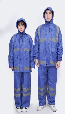 Bộ mưa 1 lớp phản quang kép dọc màu xanh lam