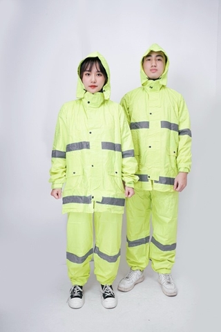 Bộ mưa phản quang ( mũ, áo, quần ) đều 2 lớp màu vàng tranh ( Vải TQ)