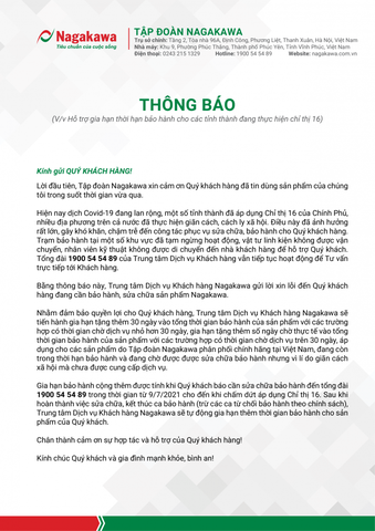 Thông báo: Hỗ trợ gia hạn thời hạn bảo hành cho các tỉnh thành đang thực hiện chỉ thị 16