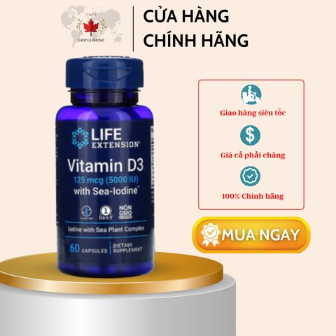 Vitamin D3 với Sea-Iodine 125 mcg (5,000 IU) của Life Extension (60 viên)