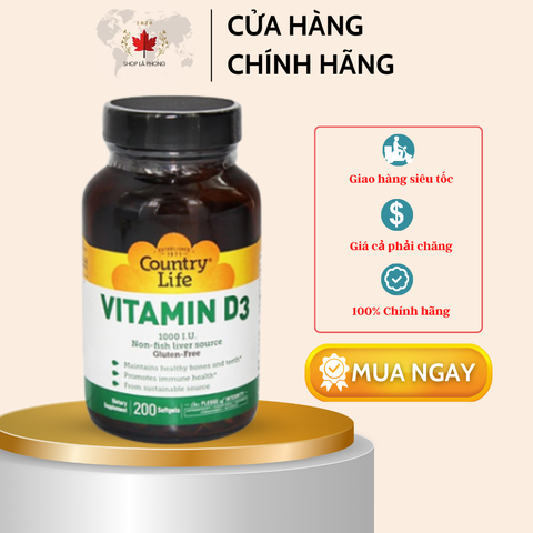 Viên uống Vitamin D3 1000 IU của Country Life (200 viên)