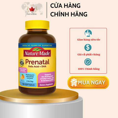 Vitamin bà bầu Prenatal Folic Acid và DHA Nature Made 200mg (150 viên)