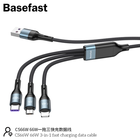 Basefast CS66W - Cáp sạc nhanh 3 Đầu 66W ( iP + Micro + Type-C )