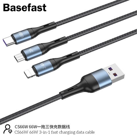 Basefast CS66W - Cáp sạc nhanh 3 Đầu 66W ( iP + Micro + Type-C )