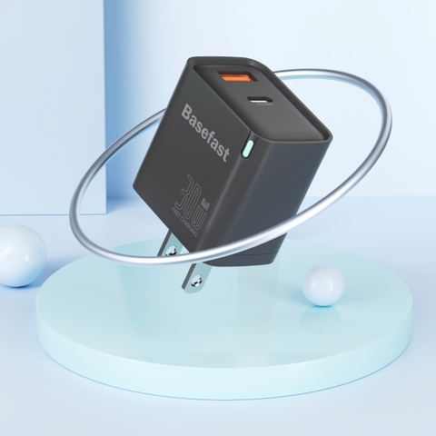 Bộ sạc nhanh  30W 2 Cổng C to Lightning kèm dây bọc dù siêu bền - Basefast AMAZON SERI