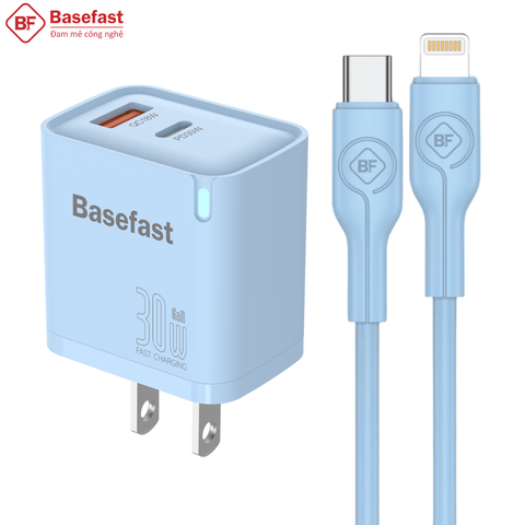 Bộ sạc nhanh 30W 2 Cổng C to Lightning Kèm dây silicon siêu bền - Basefast Amazon Seri