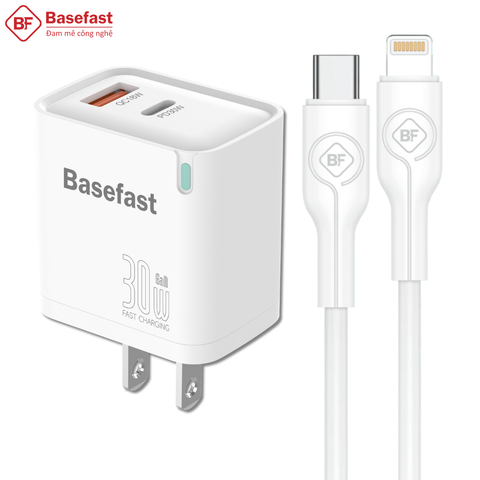 Bộ sạc nhanh 30W 2 Cổng C to Lightning Kèm dây silicon siêu bền - Basefast Amazon Seri