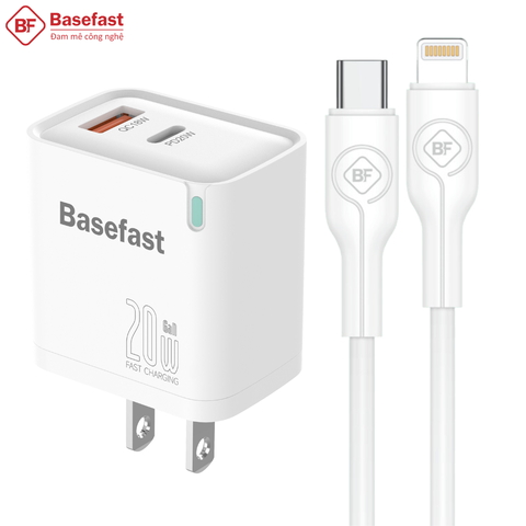 Bộ sạc nhanh 20W 2 Cổng C to Lightning kèm dây silicon chống quá tải nhiệt - Basefast Amazon Seri