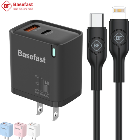 Bộ sạc nhanh 30W 2 Cổng C to Lightning Kèm dây silicon siêu bền - Basefast Amazon Seri