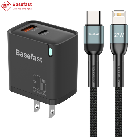 Bộ sạc nhanh  30W 2 Cổng C to Lightning kèm dây bọc dù siêu bền - Basefast AMAZON SERI