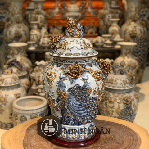 Chóe bày cỡ đại đắp kênh bong họa tiết công Đào men rạn đăp nổi Bát Tràng