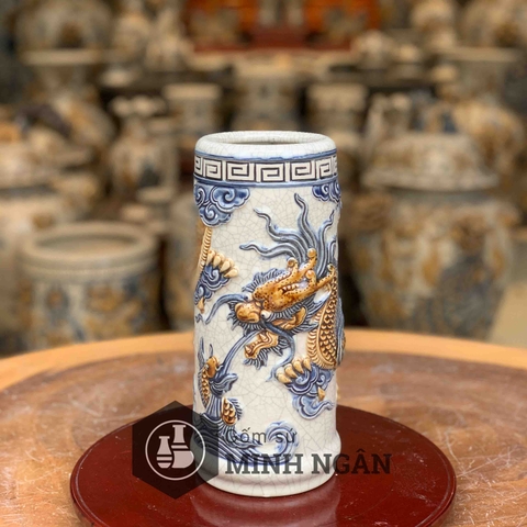 Ống hương rồng men rạn đắp nổi Bát Tràng