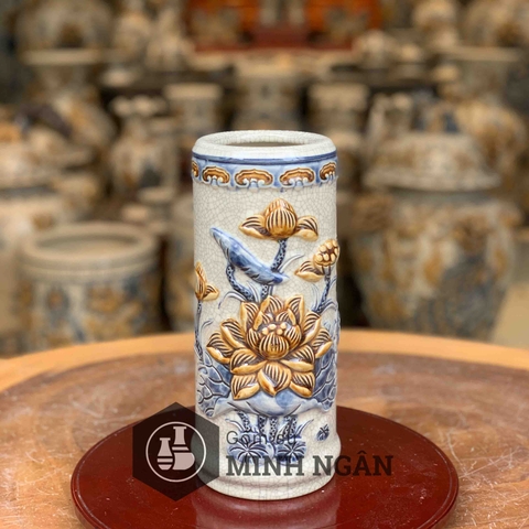 Ống hương Sen men rạn đắp nổi Bát Tràng