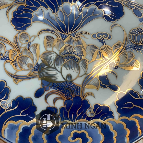 Mâm bồng sen men lam vẽ vàng kim