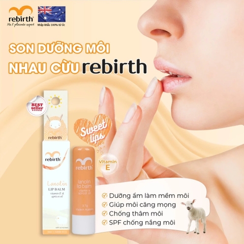 Son Dưỡng Môi Rebirth Nhau Thai Cừu Ngừa Khô Nứt Nẻ Lanolin Lip Balm Vitamin E & Apricot Oil RB14 3.7g