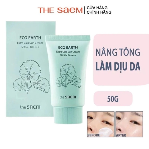 Kem Chống Nắng Nâng Tông, Cân Bằng Ẩm, Chiết Xuất Rau Má THE SAEM Eco Earth Extra Cica Sun Cream SPF50+/PA++++ 50g