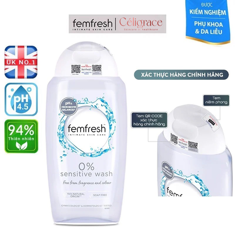 Dung Dịch Vệ Sinh Phụ Nữ Femfresh Cao Cấp Da Nhạy Cảm 0% Sensitive Intimate Wash 250ml (Xám)